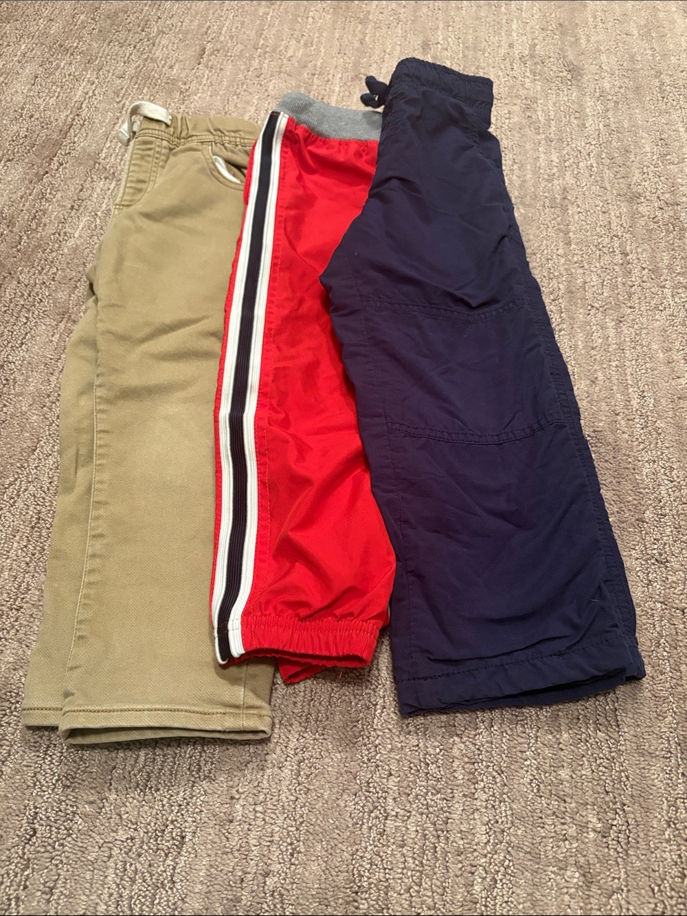 Kids Khaki, Red and Navy Casual Bottoms Trio. Brands Gap, Oshkosh, and Gymboree.